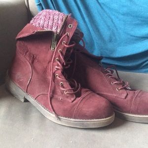 Wine Red Combat Boots with Sweater Accent